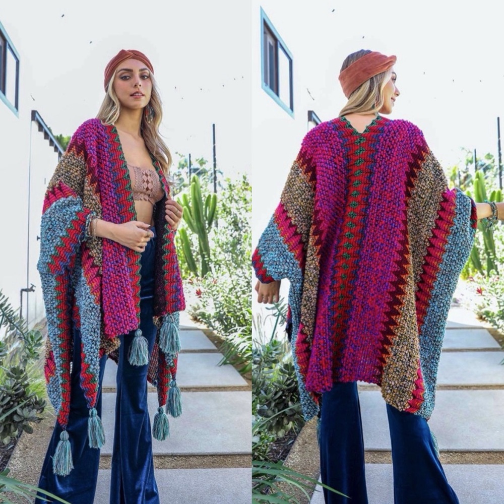 Boho Magenta Pink Multicolor Tassel Poncho Ruana One Size
